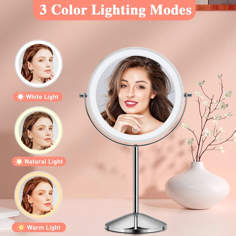 KuMers Lighted Makeup Mirror with Magnification, 10X 8’’Rechargeable Double Sided