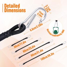 moinkerin Tensioning Rubber with Carabiner, 8 Pieces, 30 cm/60 cm/80 cm/100 cm, Elastic Strap with Hook Expander, Durable Tension Rubber for Securing Luggage, Pannier Racks, Camps, Motorcycles,