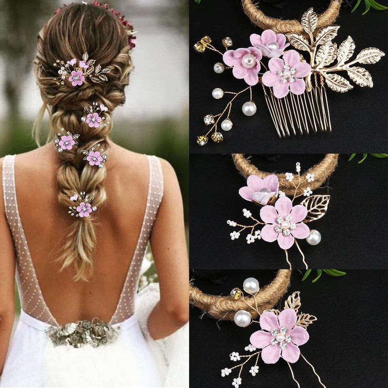 5 PCS Bridal Flower Wedding Hair Pins Crystal Pearl Hair