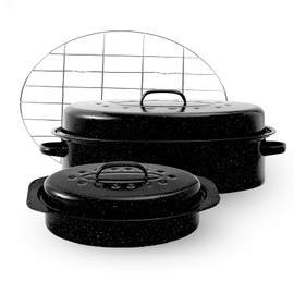 Enamel Roasting Pan With Lid and Rack 13" 18"Granite Roaster Pans Set With Rack Suitable Cooking Poultry Baking Turkey Bread Beef Resists Up to 932°F,Dishwasher Safe,Holiday Gifts CookWare