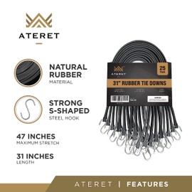 25 Packs Rubber Bungee Cords w/Hooks I 31 Inch, 47" Max Stretch I Heavy-Duty Black Tie Down Straps for Outdoor, Tarp Covers, Canvas Canopies, Motorcycle, and Cargo