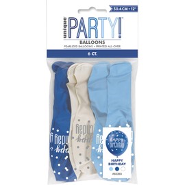 Glitz Light Blue, Royal Blue & White Happy Birthday Latex Balloons (30cm) - Perfect for Memorable Milestone Party Decor - 6ct