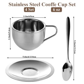 QTLCOHD 4 Pack 6 Oz Stainless Steel Coffee Cup Set, Coffee Mugs with Spoon and Saucer, Double Walled Espresso Cups for Coffee, Cappuccino, Milk, Tea