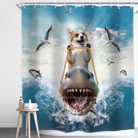 Homewelle Funny Dog Corgi Ocean Shower Curtain Riding Shark 72Wx72H Inch Sea Waves Seagull Fish Cool Animal Surfing Blue Cute Kids Waterproof Polyester Fabric Bathroom Bathtub