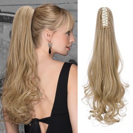 SLEEKALON Claw Clip Ponytail Extension Ponytail Extensions Jaw Clip in Hair Pony Tails Synthetic Hairpiece for Women 18 inch Long Curly Wavy Ends Fake Ponytail Light Ash Brown/Bleach Blonde