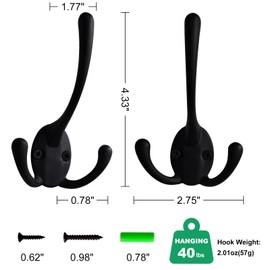 kansata Coat Hooks for Wall Heavy Duty Triple Hooks, 12 Pack Wall Hooks for Hanging Coats, DIY, Rustic Entryway Hooks Wall Mount for Bathroom Bedroom Office Clothes Jacket Hats Outerwear Key Bag