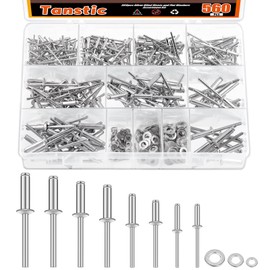 Tanstic 560Pcs Silver Aluminum Pop Rivets Kit, 8 Size Blind Rivet Fasteners with 3 Size Backup Washers Assortment Kit for Aviation Automobile Furniture Use