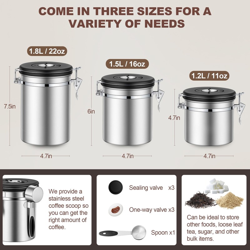 ShanSon Coffee Canister Airtight Coffee Container Stainless Steel Coffee Bean