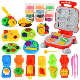 OTONOPI Dough Play Kitchen Creations Colour Dough Set Waffle Pizza Burger Maker Pretend Chef Toy Play Food Modeling Tools Kit with Wheat Dough Compound for Kids Christmas Birthday Gift 40Pcs