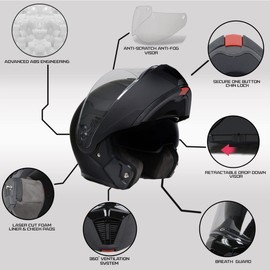 Milwaukee Helmets MPH9812DOT Flat Black Menace Advanced Motorcycle Modular Helmet Biker w/ Drop Down Visor - X-Large