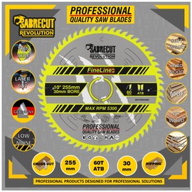 1 x SCCSW25560 SabreCut 255mm 60T x 30mm Bore Fineline Thin Kerf Wood Plywood MDF Chipboard Cross Cutting and Rip Cutting Circular Saw Blade