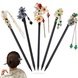 YIZWINS Pack of 5 Wooden Hair Sticks, Vintage Chinese Hairpin, Chinese Hair Pins Decorated with Flowers and Tassels, Hair Clips Hair Stick for Women Girls Hair Accessories