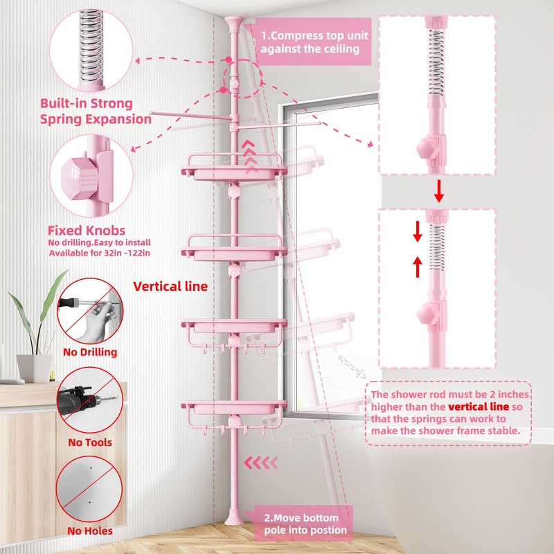XLHOMO 32-122inch Corner Shower Caddy Tension Pole Pink, Rustproof Drill-Free