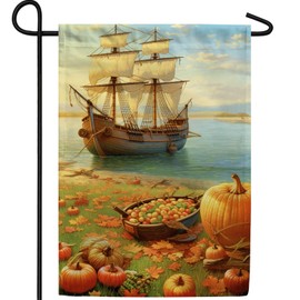 America Forever Mayflower Ship Pilgrim Thanksgiving Garden Flag 12.5 x 18 inch Fall Thanksgiving Pumpkins Small Double Sided for Outside Welcome Yard Autumn Flag
