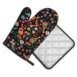 Mexican Oven Mitt Potholders Sets - Mexico Kitchen Mitts and Pot Holders Set of 2 Floral Skull Oven Gloves Hot Pads for Cooking Baking Grilling