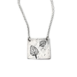 Sterling silver necklace with rustic square pendant with 2 stamped leaves gift for her (19, sterling silver)
