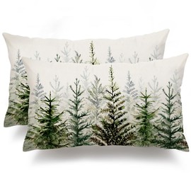DFXSZ Christmas Pillow Covers 12x20 inch Watercolor Blue Green Christmas Tree Rustic Style Nature Forest Print Decorative Throw Pillows Winter Christmas Decor TH-32B12