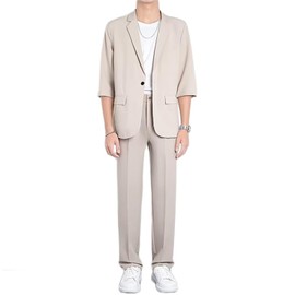 Yucahype Men's Suit, Summer Clothing, Top and Bottom Set, 3/4 Sleeve Length, Cool to Contact Feel, Casual, Breathable, Setup, Tailored Summer Suit, Semi-Formal, Wide Slacks, Long Length, Comfortable