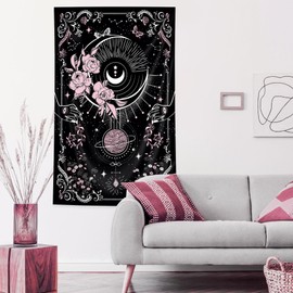 Riyidecor Pink Black Gothic Vertical Goth Tapestry Wiccan Witch Moon Tarot Wall Hanging Goth Floral Small Bohemian 30Wx50H Inch Stars Mystic Celestial Bedroom Living Room Dorm Wall Home Decor
