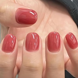 GLAMERMAID Press on Nails Extra Short Squoval, Spring Summer Brick Red Jelly Gel Glue on Nails, 24Pcs Glossy Round Reusable UV Finish Fake Nails Acrylic False Nails Manicure Kits for Women | GLAMERMAID