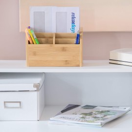 Relaxdays Schreibtisch-Organizer Bambus, Stifteablage, Briefablage, 5 Fächer, Maserung, HBT 15 x 23 x 10 cm, natur