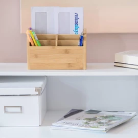 Relaxdays Schreibtisch-Organizer Bambus, Stifteablage, Briefablage, 5 Fächer, Maserung, HBT 15 x 23 x 10 cm, natur