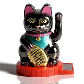Cyrank Lucky Cat Waving Arm, Solar Powered Waving Cat Japanese Maneki Neko Solar Fortune Cat with Waving Hand Paw up for Feng Shui Welcoming Beckoning Cat Statue Decoration(Black)