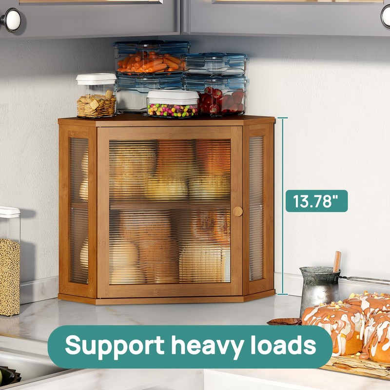 viewcare Corner Bread Box for Kitchen Counter, Bamboo Wood Large