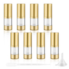 DynnnDy 8 Pcs 15ml/0.5oz Empty Airless Pump Bottles without Straw Plastic Vacuum Bottle Refillable Cosmetic Containers for Lotion Cream Foundation,1Funnel & 1 Pipette,Golden Head