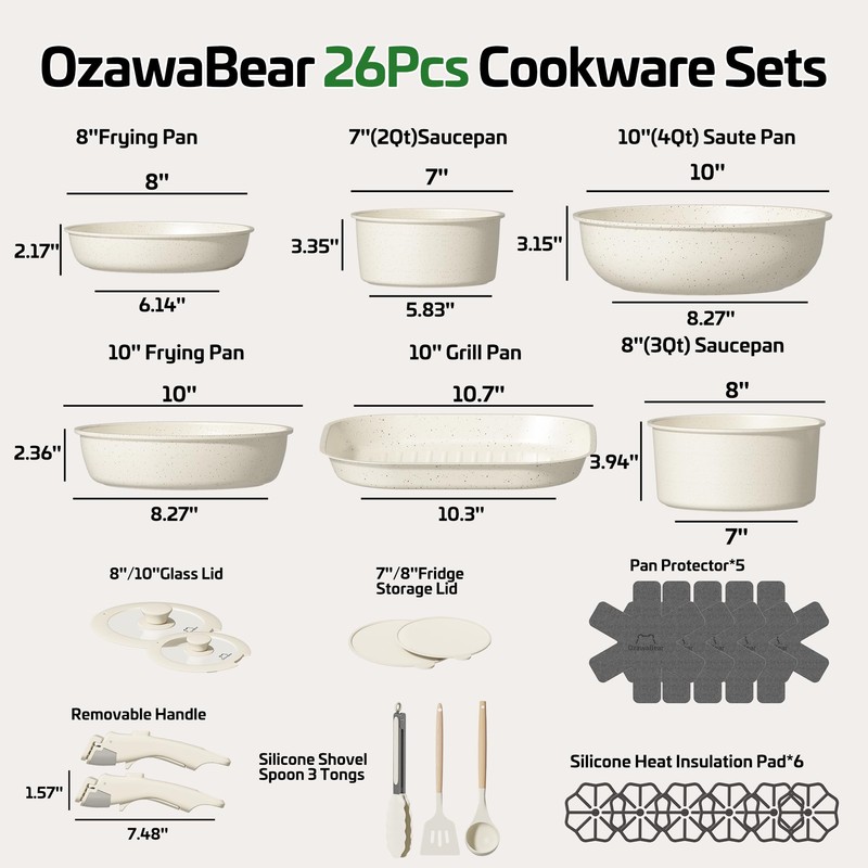 OzawaBear 26 Pcs Pots and Pans Set Non Stick, Ceramic