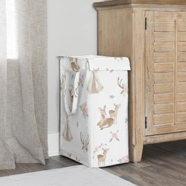 Sweet Jojo Designs Woodland Deer Floral Girl Laundry Hamper Foldable Dirty Clothes Basket with Handles Baby Nursery Kids Bedroom Teen Bathroom Pink Green Boho Watercolor Bohemian Forest Animals Shabby