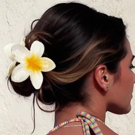 YIHONGYAN Flower Hair Clips for Women Girls Claw Clips Summer Fashion Hair Accessories with White Yellow Gradient Plumeria Design Barrettes for Stying Thick Thin Hair(3Pcs: 1 large 2 small)