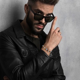 Oidea Silver Stainless Steel Men's Bracelet: Vintage Leopard Head Spliced Tiger Eye Stone Bracelet for Men Adjustable Beaded Bracelet Jewelry Birthday Father's Day Gift