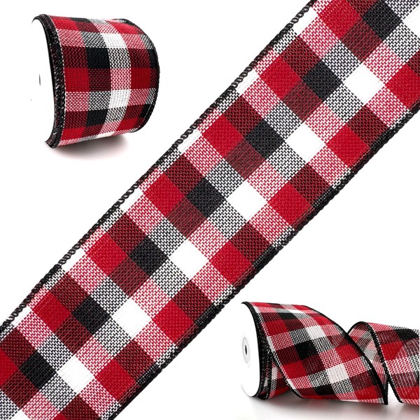 MTCELL Red, Black, and White Check Christmas Wired Ribbon -