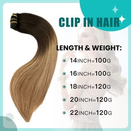 SURNEL Haarverlängerung zum Anstecken, Naturhaar, 40 cm, 100 g, 6 Stück, Echthaar, Balayage Schwarz bis Mittelbraun mit Blond, #1B/4/27, Echthaarverlängerung, Echthaar, #1B/4/27-16 Zoll