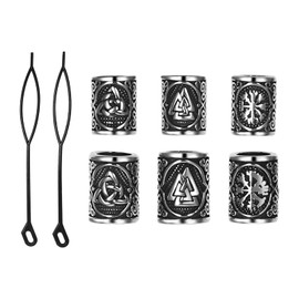Cupimatch Viking Beard Beads Hair Beads Set: Stainless Steel Hair and Beard Jewellery Celtic 6 Pieces Rune Beads in 2 Sizes with Hair Threader DIY Dreadlock Jewellery Unisex Viking Hair Accessories