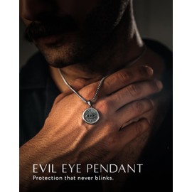 RTZN® Evil Eye Necklace for Men – 316L Stainless Steel Evil Eye Pendant Necklace with 22" Box Chain + 2" Extension – Waterproof, Non-Tarnish Silver Men's Necklaces for Protection & Style