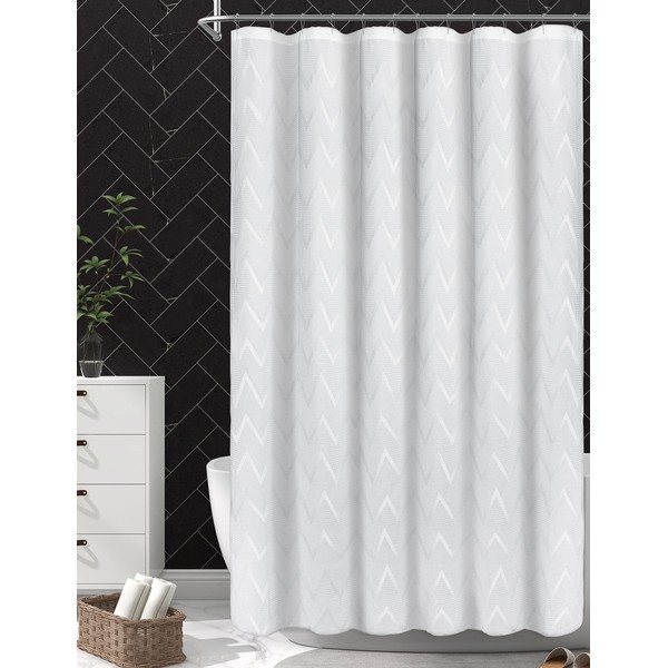 SUMGAR White Shower Curtain Waffle Weave Textured Soft Fabric Shower Curtains for Bathroom,Herringbone Jacquard Chevron Zig Zag Modern Boho Waterproof Shower Curtain Set with Hooks, 72" x 72"