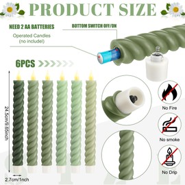 Baquler 6 Pcs Sage Green Flameless Taper Candle Twisted LED 9.65 Inch Taper Candles Battery Operated Twisted Candlesticks for Summer Wedding Birthday Home Party Holiday Dinner Fireplace Decor