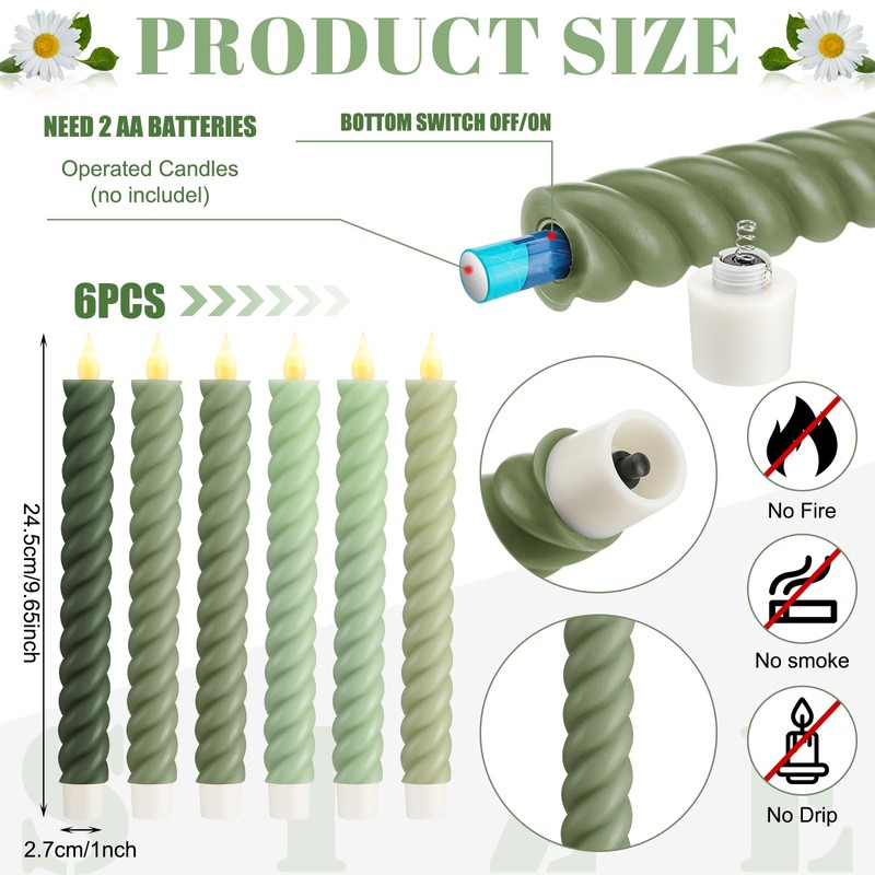 Baquler 6 Pcs Sage Green Flameless Taper Candle Twisted LED