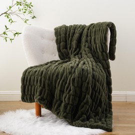 BATTILO HOME Olive Green Faux Fur Throw Blanket for Bed, Large Double Side Reversible Ruched Faux Rabbit Fur Throw for Couch, Bed, Super Soft Blanket Cozy Warm Mink Blanket, 60"x80"
