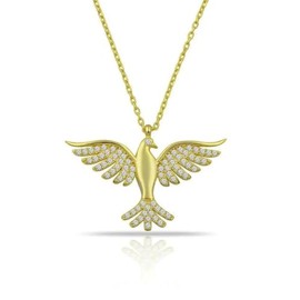 Phoenix Bird Pendant Sterling Silver 925 Gold Plated Necklace Chain CZ Crystal Gemstone Delicate Dainty Charm Jewelry (Yellow Gold)
