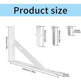 Pack of 8 Shelf Brackets, 90 Degree Shelf Brackets, Metal Heavy Duty Console Wall Angle, Triangular Bracket Shelf Bracket for Wall Mounting, 150 x 95 mm, White
