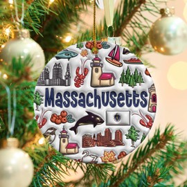 Lotacy Massachusetts Symbols Colorful 2D Christmas Ornament with Flag, Massachusetts Home Decor, Massachusetts Gifts and Souvenirs for Men and Women