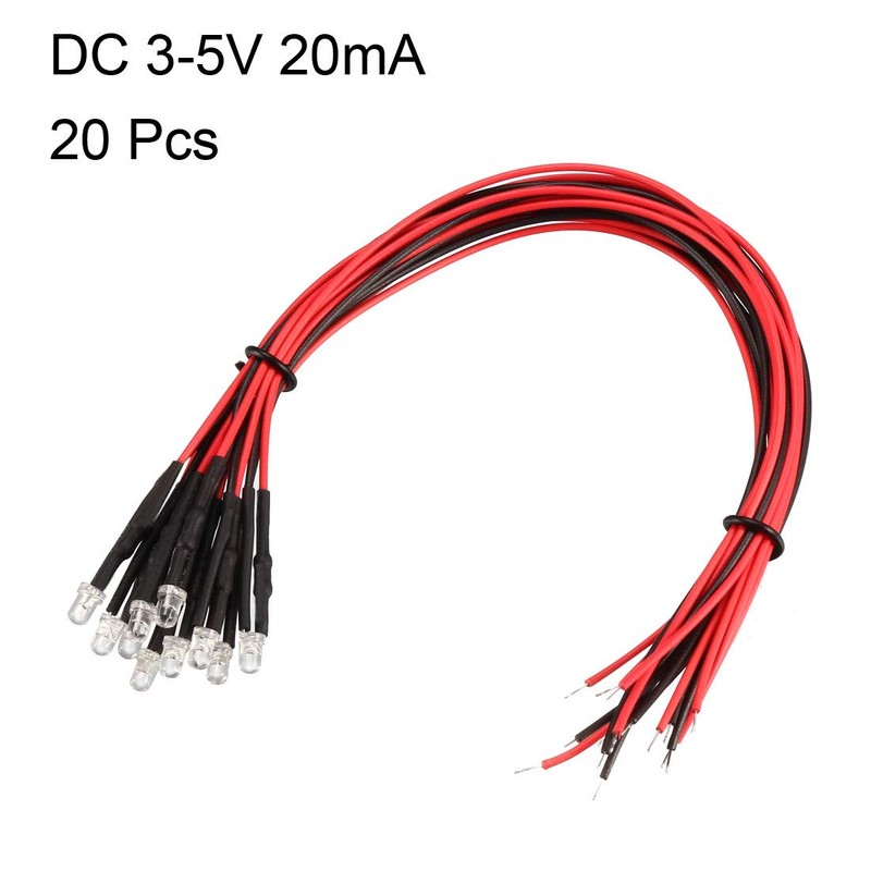 sourcing map 20Pcs 3mm Pre Wired LED, Red DC3-5V Clear