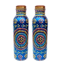 Set of 2 Pure Copper Hand Painted Water Bottle Ayurveda Health Home Kitchen Sports Daily Use Big Blue