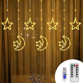 130 Led Ramadan Star Moon Curtain String Lights,8 Modes Ramadan Lights Decorations for Home,Hanging Moon Star Fairy String Lights,Ramadan Window Curtain Fairy Lights,Remote & USB Plug,Gifts