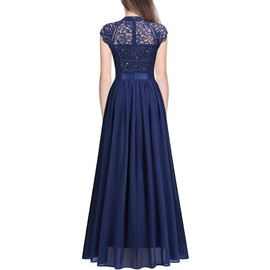 Miusol Women's Elegant Sequin Lace Contrast Chiffon Split Style Evening Party Maxi Dress (Large, Navy Blue)