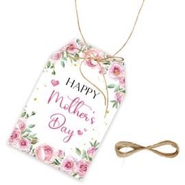 50pcs Happy Mother's Day Thank You Tags, Pink Flower Love You Mom Gift Tag with String for Mother's Birthday Party, Best Mom Ever Favor Tag for Mom