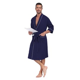 CF Men's Robe Cotton Bathrobe Soft Short Sleeve Bath Robes Shower Robe for Spa Soft Kimono Lightweight Sleepwear with Pockets(Navy Blue,2XL)